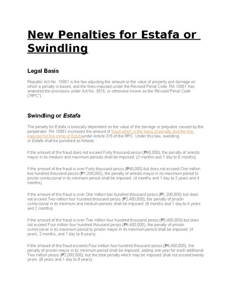 New Penalties for Estafa or Swindling .